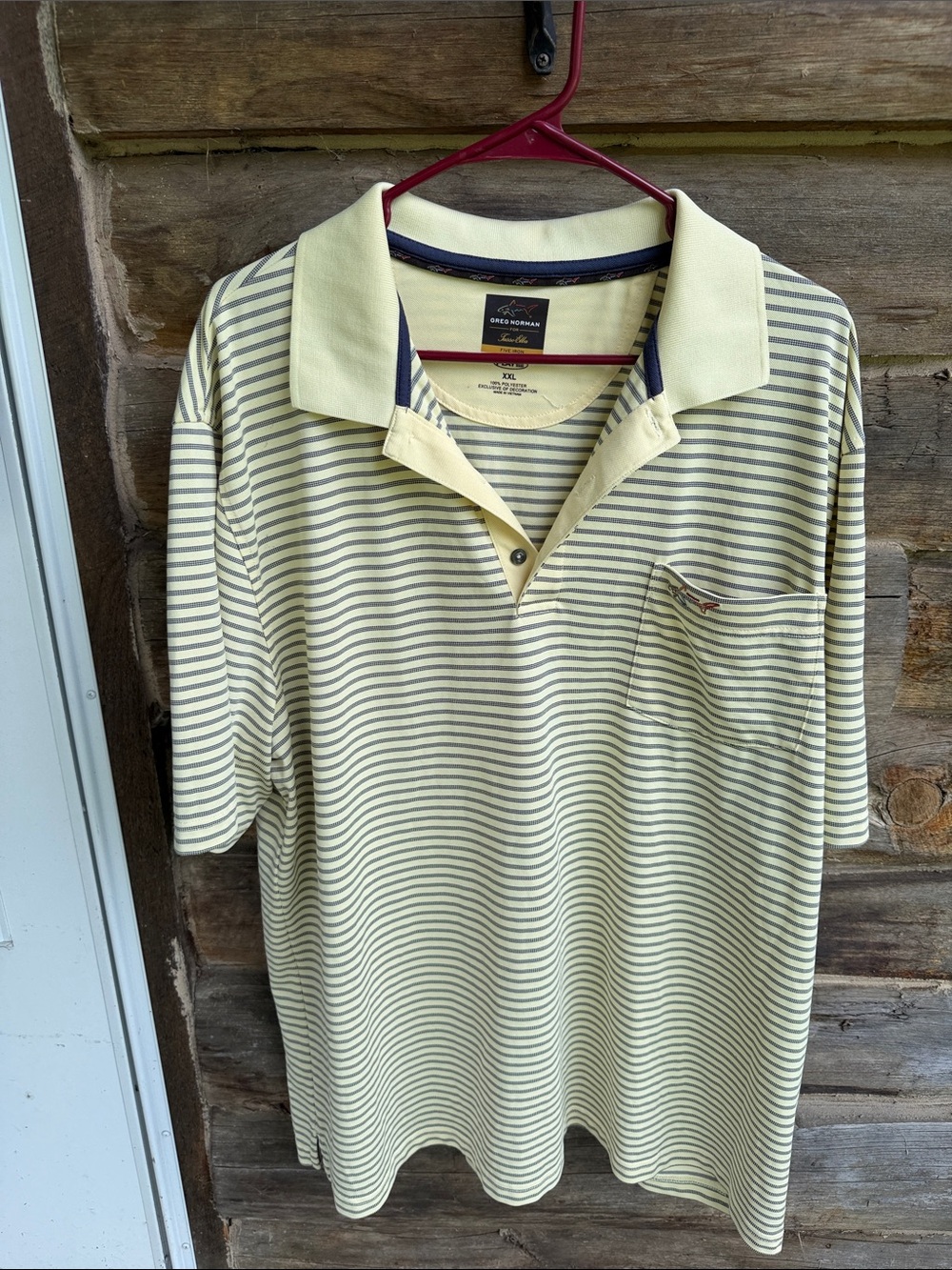 Greg Norman Collection Men’s Pale Yellow and Navy Striped Polo